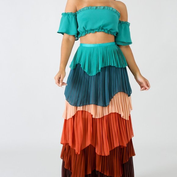 Colorful Tiered Pleated Maxi Skirt Crop Top set- aqua - Picture 4 of 9